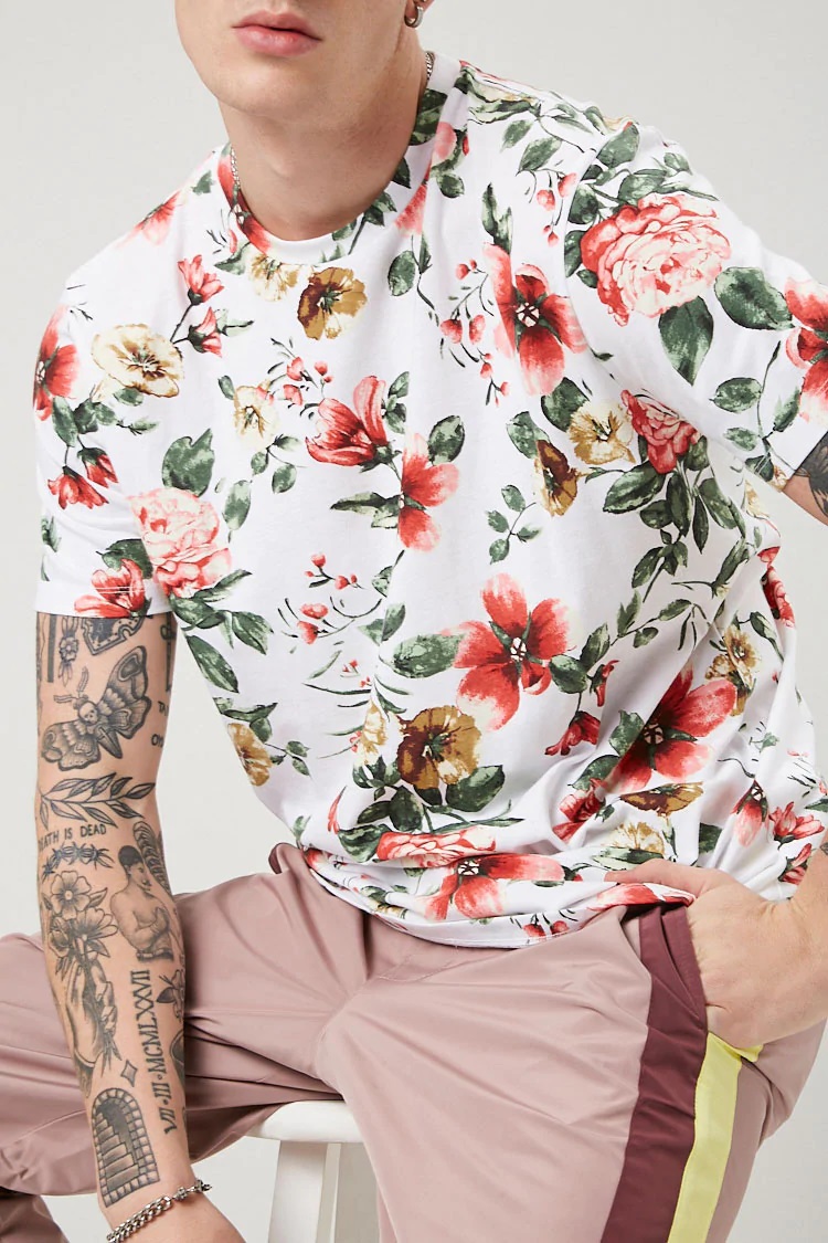 FOREVER21 Men's White Floral Print Tee